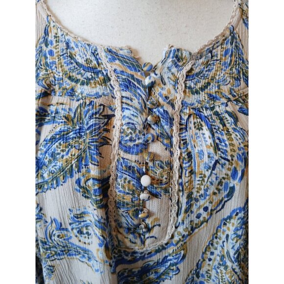 Democracy Womens Blouse Flared Sleeve Blue Paisley  Bohemian Top 1X  Peasant - Picture 10 of 16